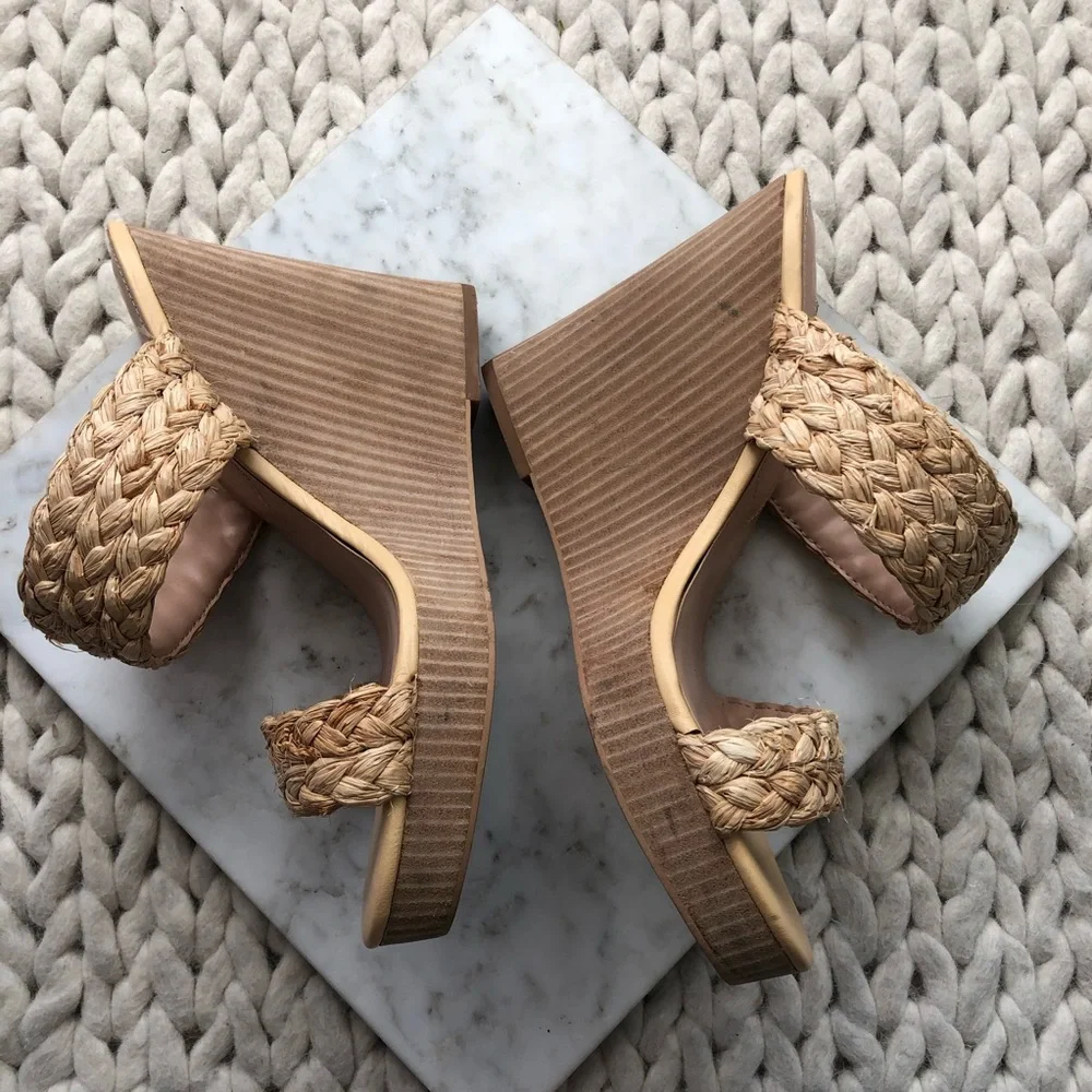 Woven Straw Double-Band Wedge Sandals - Beige